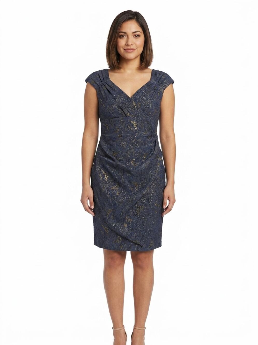 Alex Evenings Blue Gold Metallic Ruched Sheath Dress Women Size 4P